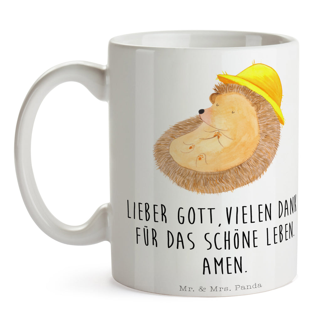 Tasse Igel betet Tasse, Kaffeetasse, Teetasse, Becher, Kaffeebecher, Teebecher, Keramiktasse, Porzellantasse, Büro Tasse, Geschenk Tasse, Tasse Sprüche, Tasse Motive, Tiermotive, Gute Laune, lustige Sprüche, Tiere, Igel, Igel mit Hut, Sonnenhut, Gott, Amen, beten, Leben, Dankbarkeit, Dankbar sein, dankbar, genießen