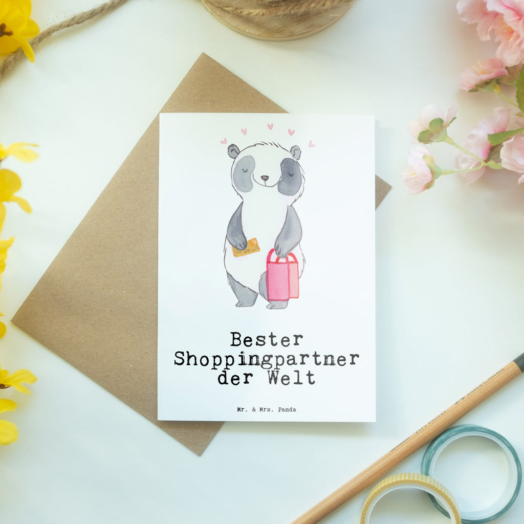 Grußkarte Panda Bester Shoppingpartner der Welt Grußkarte, Klappkarte, Einladungskarte, Glückwunschkarte, Hochzeitskarte, Geburtstagskarte, Karte, Ansichtskarten, für, Dankeschön, Geschenk, Schenken, Geburtstag, Geburtstagsgeschenk, Geschenkidee, Danke, Bedanken, Mitbringsel, Freude machen, Geschenktipp, Shoppingpartner, Shoppen, Begleitung, Partner, Freundin, Freund, bff, Shopping, Einkaufen, Shopping-Queen, Queen, Bester