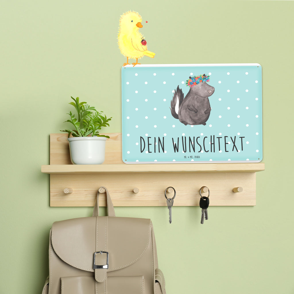 Personalisiertes Blechschild Stinktier Blumenmaedchen Blechschild, Metallschild, Geschenk Schild, Schild, Magnet-Metall-Schild, Deko Schild, Wandschild, Wand-Dekoration, Türschild, Stinktier, Skunk, Wildtier, Raubtier, Stinker, Stinki, Yoga, Namaste, Lebe, Liebe, Lache