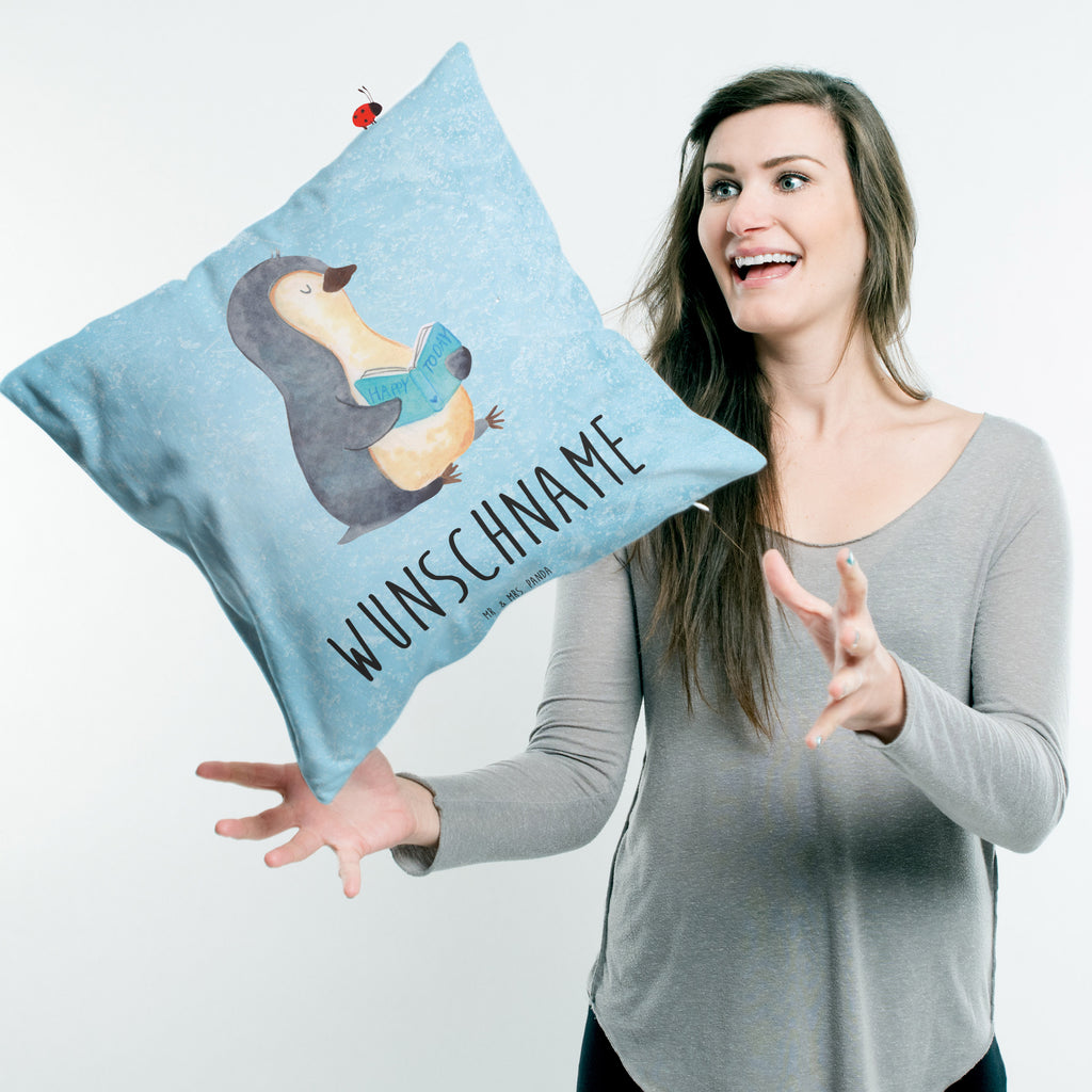 Personalisiertes Kissen Pinguin Buch Kissen, personalisiert, Name, Wunschname, bedrucken, Kopfkissen, Pinguin, Pinguine, Buch, Lesen, Bücherwurm, Nichtstun, Faulenzen, Ferien, Urlaub, Freizeit