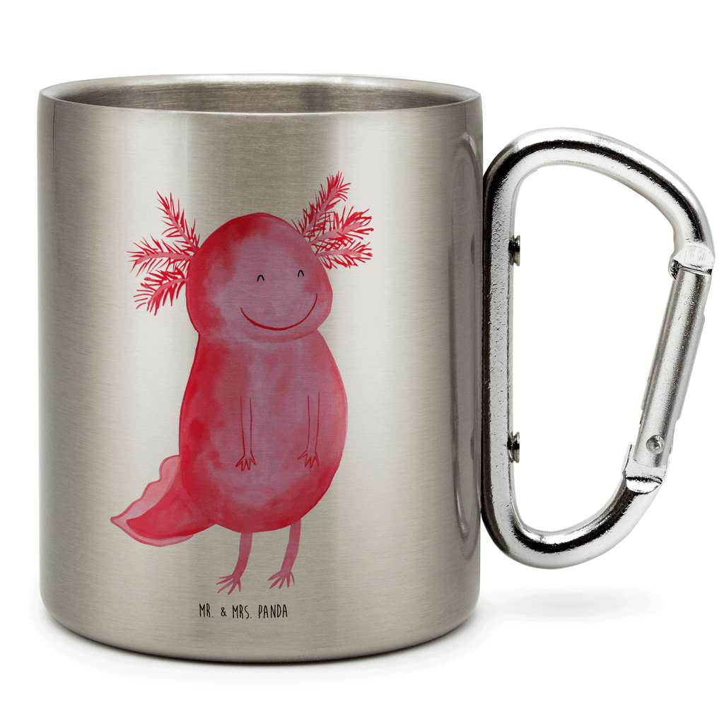 Edelstahlbecher Axolotl glücklich Edelstahltasse, Karabiner, Edelstahlbecher, Outdoor, Camping, Tasse, Becher, Axolotl, Molch, Axolot, Schwanzlurch, Lurch, Lurche, Motivation, gute Laune