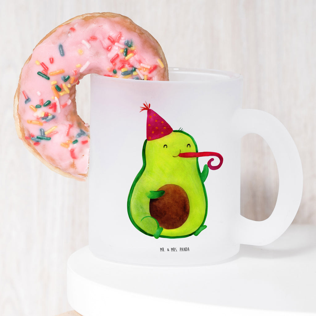 Teetasse Avocado Partyhupe Teetasse, Teeglas, Teebecher, Tasse mit Henkel, Tasse, Glas Teetasse, Teetasse aus Glas, Avocado, Veggie, Vegan, Gesund, Party, Feierlichkeit, Feier, Fete, Geburtstag, Gute Laune, Tröte