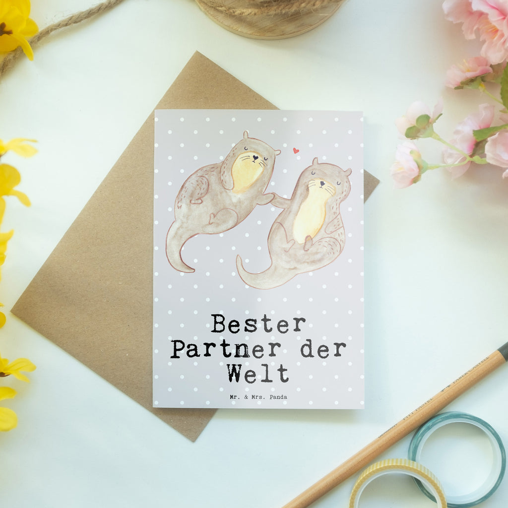 Grußkarte Otter Bester Partner der Welt Grußkarte, Klappkarte, Einladungskarte, Glückwunschkarte, Hochzeitskarte, Geburtstagskarte, Karte, Ansichtskarten, für, Dankeschön, Geschenk, Schenken, Geburtstag, Geburtstagsgeschenk, Geschenkidee, Danke, Bedanken, Mitbringsel, Freude machen, Geschenktipp, Partner, Ehepartner, Mann, Frau, Ehefrau, Ehemann. Freundin, Freund, Lebensgefährte, Paar, Liebe