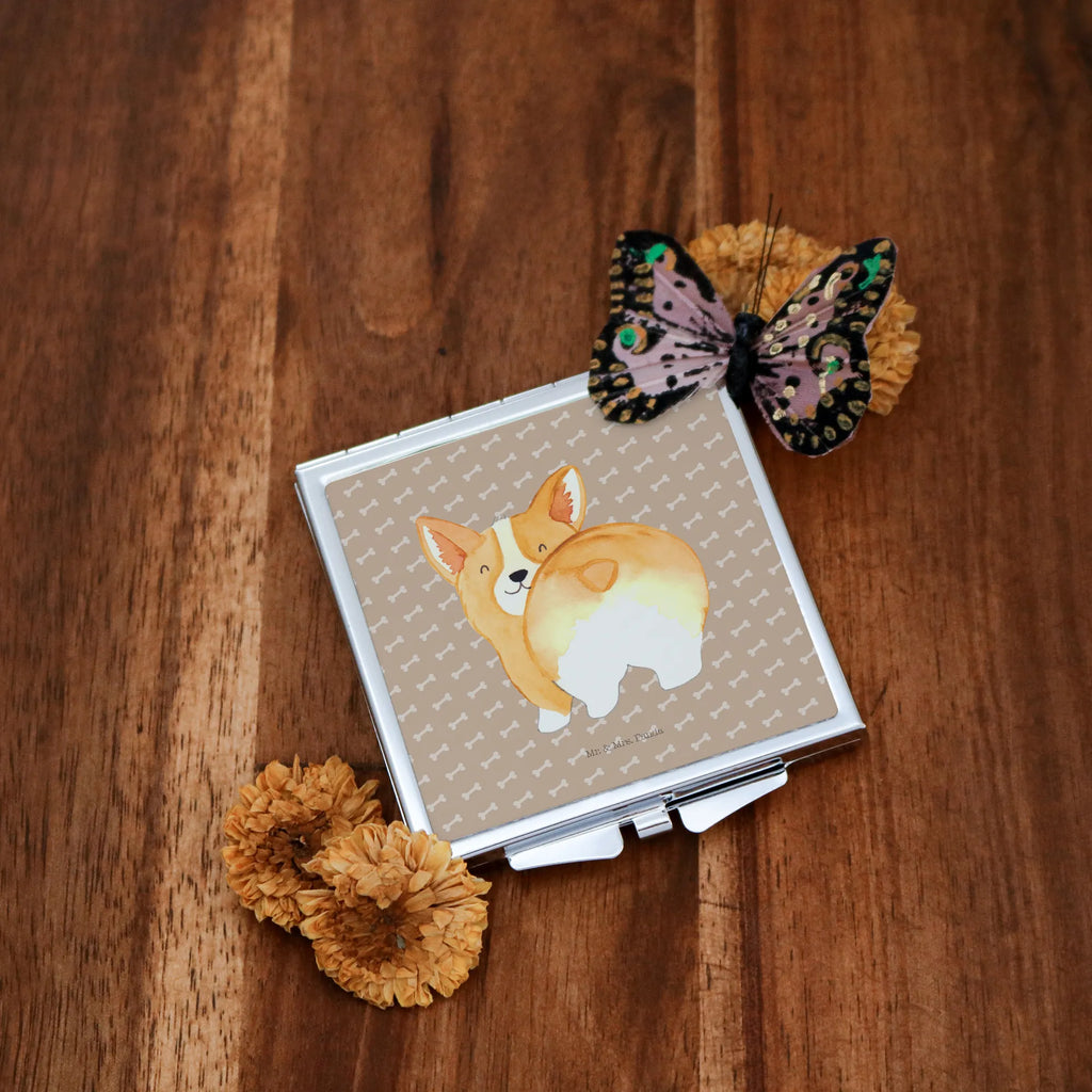 Handtaschenspiegel quadratisch Corgi Po Spiegel, Handtasche, Quadrat, silber, schminken, Schminkspiegel, Hund, Hundemotiv, Haustier, Hunderasse, Tierliebhaber, Hundebesitzer, Sprüche, Corgie, Hundeliebe, Motivation, Selbstliebe, Spruch