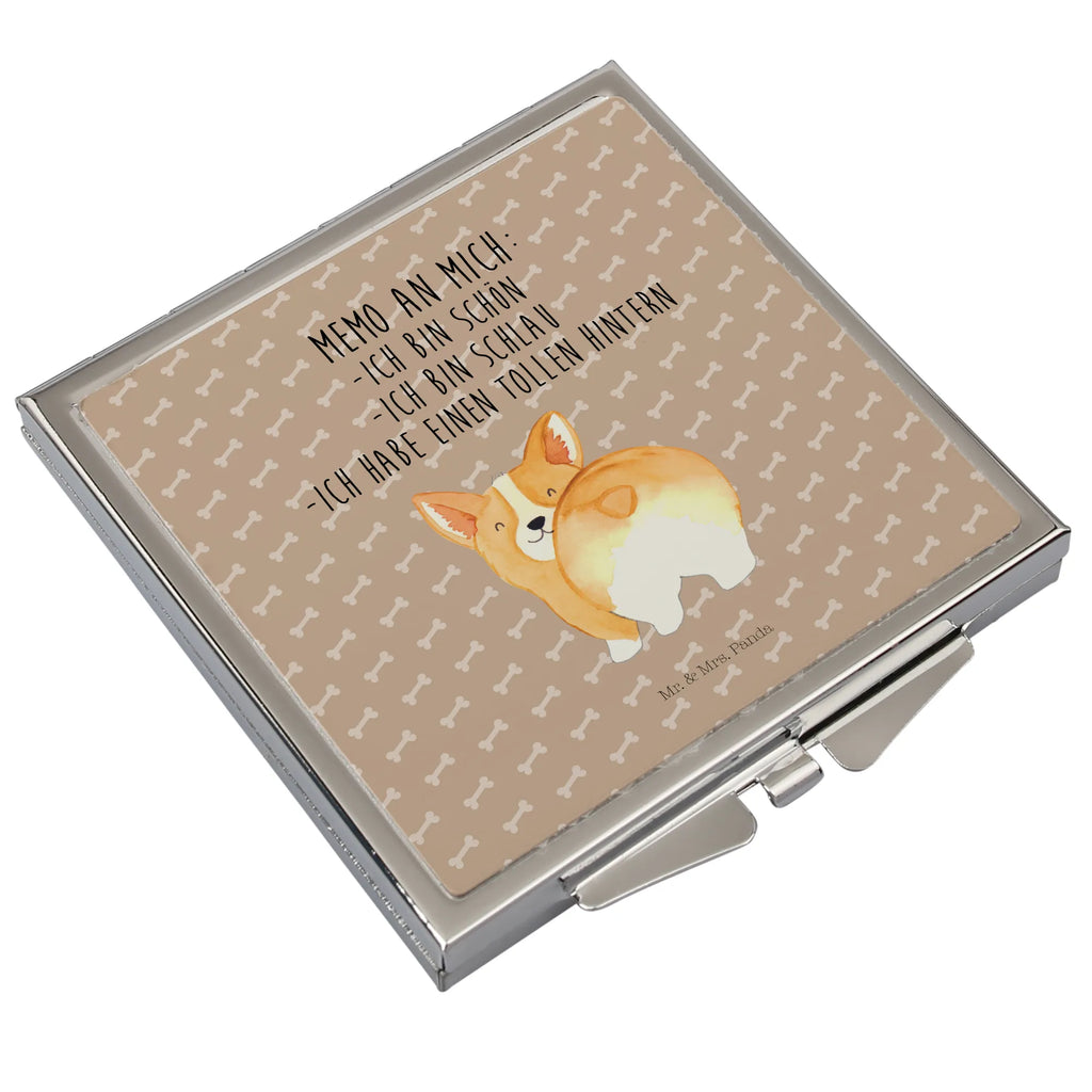 Handtaschenspiegel quadratisch Corgi Po Spiegel, Handtasche, Quadrat, silber, schminken, Schminkspiegel, Hund, Hundemotiv, Haustier, Hunderasse, Tierliebhaber, Hundebesitzer, Sprüche, Corgie, Hundeliebe, Motivation, Selbstliebe, Spruch