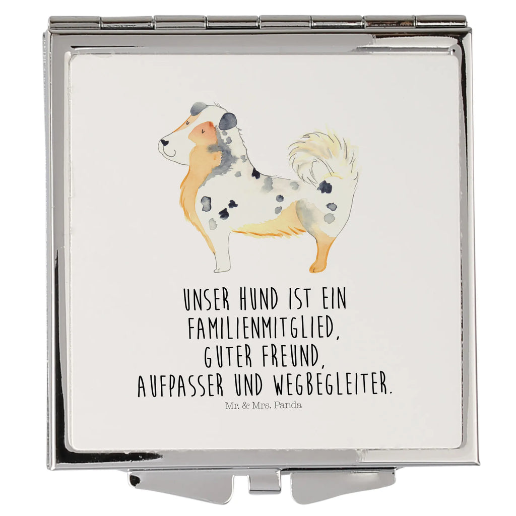 Handtaschenspiegel quadratisch Hund Australien Shepherd Spiegel, Handtasche, Quadrat, silber, schminken, Schminkspiegel, Hund, Hundemotiv, Haustier, Hunderasse, Tierliebhaber, Hundebesitzer, Sprüche, Australien Shepherd, Shepherd, Hundeliebe, Familienhund, Spruch