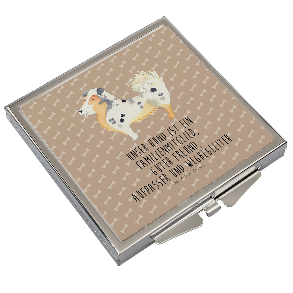 Handtaschenspiegel quadratisch Hund Australien Shepherd Spiegel, Handtasche, Quadrat, silber, schminken, Schminkspiegel, Hund, Hundemotiv, Haustier, Hunderasse, Tierliebhaber, Hundebesitzer, Sprüche, Australien Shepherd, Shepherd, Hundeliebe, Familienhund, Spruch