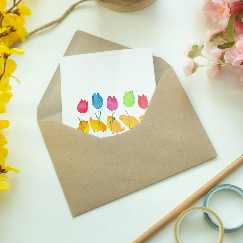 Greetings card chick parade Grußkarte, Klappkarte, Einladungskarte, Glückwunschkarte, Hochzeitskarte, Geburtstagskarte, Karte, Ansichtskarten, Ostern, Osterhase, Ostergeschenke, Osternest, Osterdeko, Geschenke zu Ostern, Ostern Geschenk, Ostergeschenke Kinder, Ostern Kinder, Küken, Parade, Tulpen, Frohe Ostern, Ostergrüße, Blumen