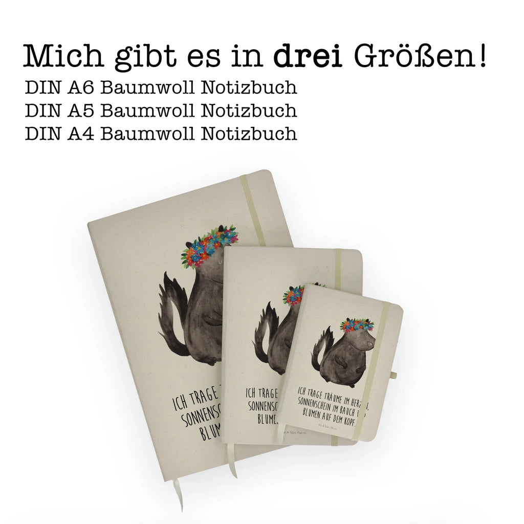 Baumwoll Notizbuch Stinktier Blumenmaedchen Notizen, Eintragebuch, Tagebuch, Notizblock, Adressbuch, Journal, Kladde, Skizzenbuch, Notizheft, Schreibbuch, Schreibheft, Stinktier, Skunk, Wildtier, Raubtier, Stinker, Stinki, Yoga, Namaste, Lebe, Liebe, Lache