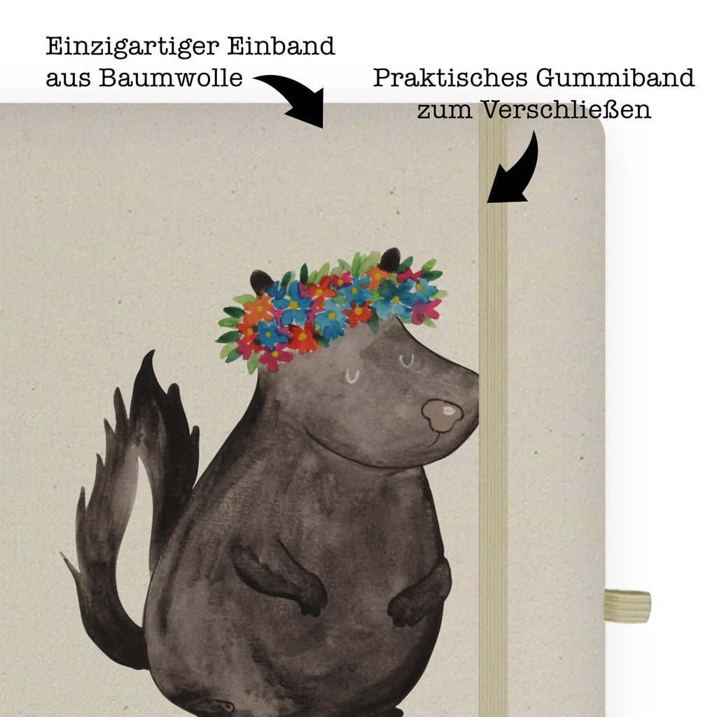 Baumwoll Notizbuch Stinktier Blumenmaedchen Notizen, Eintragebuch, Tagebuch, Notizblock, Adressbuch, Journal, Kladde, Skizzenbuch, Notizheft, Schreibbuch, Schreibheft, Stinktier, Skunk, Wildtier, Raubtier, Stinker, Stinki, Yoga, Namaste, Lebe, Liebe, Lache