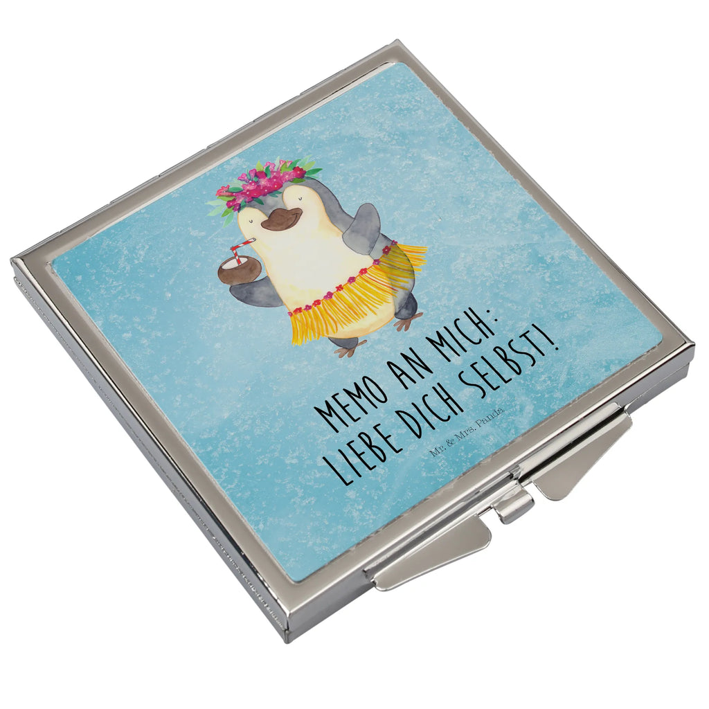 Handtaschenspiegel quadratisch Pinguin Kokosnuss Spiegel, Handtasche, Quadrat, silber, schminken, Schminkspiegel, Pinguin, Aloha, Hawaii, Urlaub, Kokosnuss, Pinguine