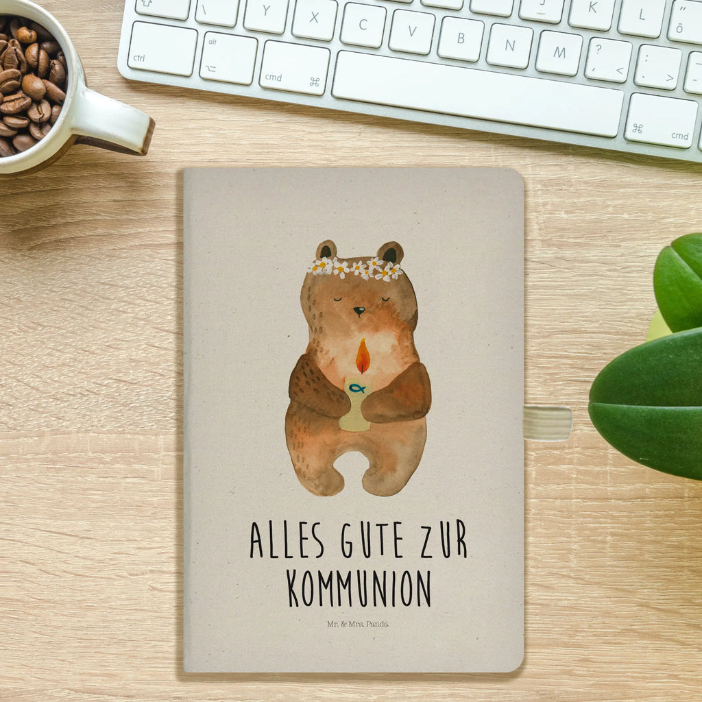 Baumwoll Notizbuch Kommunion-Bär Notizen, Eintragebuch, Tagebuch, Notizblock, Adressbuch, Journal, Kladde, Skizzenbuch, Notizheft, Schreibbuch, Schreibheft, Bär, Teddy, Teddybär, Kommunion, Gottes Segen, Taufkerze, katholisch