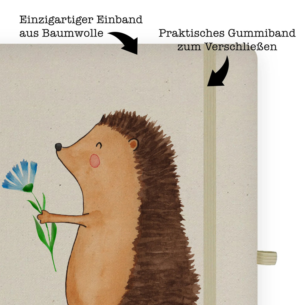 Baumwoll Notizbuch Igel mit Blume Notizen, Eintragebuch, Tagebuch, Notizblock, Adressbuch, Journal, Kladde, Skizzenbuch, Notizheft, Schreibbuch, Schreibheft, Tiermotive, Gute Laune, lustige Sprüche, Tiere, Igel, Gute Besserung, Genesungswünsche, Krankheit, Krankenhaus, krank, Besuch