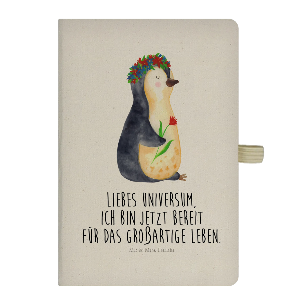 Baumwoll Notizbuch Pinguin Blumenkranz Notizen, Eintragebuch, Tagebuch, Notizblock, Adressbuch, Journal, Kladde, Skizzenbuch, Notizheft, Schreibbuch, Schreibheft, Pinguin, Pinguine, Blumenkranz, Universum, Leben, Wünsche, Ziele, Lebensziele, Motivation, Lebenslust, Liebeskummer, Geschenkidee