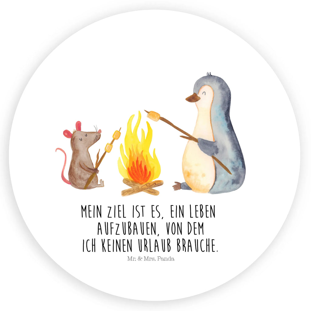 Rund Aufkleber Pinguin Lagerfeuer Sticker, Aufkleber, Etikett, Pinguin, Maus, Pinguine, Lagerfeuer, Leben, Arbeit, Job, Motivation, Büro, Büroalltag, Lebensspruch, Lebensmotivation, Neustart, Liebe, grillen, Feuer, Marshmallows