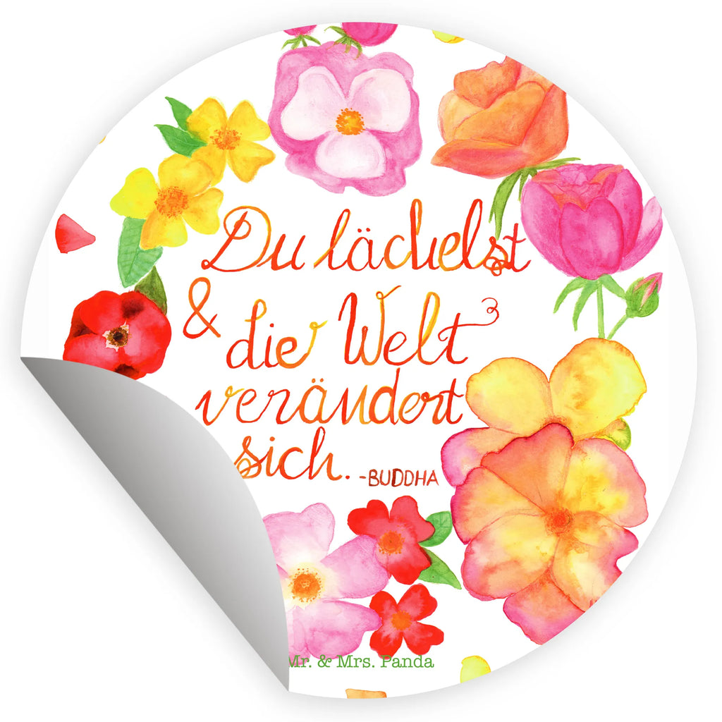 Rund Aufkleber Du Lächelst Sticker, Aufkleber, Etikett, Blumen Deko, Frühlings Deko, Sommer Deko, Dekoration, positive Botschaft, Naturliebhaber, Outdoor, Natur, Abenteuer, Lächele, Welt verändert sich, Zitat Buddha, Lachen Spruch, glücklich sein, Zitat schön, Geschenk Freundin, Spruch positiv