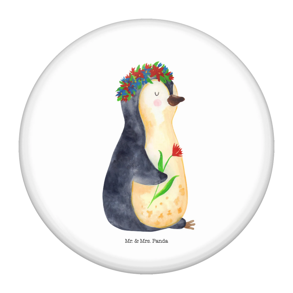 Button Pinguin Blumenkranz 50mm Button, Button, Pin, Anstecknadel, Pinguin, Pinguine, Blumenkranz, Universum, Leben, Wünsche, Ziele, Lebensziele, Motivation, Lebenslust, Liebeskummer, Geschenkidee