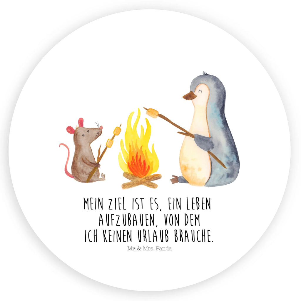 Rund Aufkleber Pinguin Lagerfeuer Sticker, Aufkleber, Etikett, Pinguin, Maus, Pinguine, Lagerfeuer, Leben, Arbeit, Job, Motivation, Büro, Büroalltag, Lebensspruch, Lebensmotivation, Neustart, Liebe, grillen, Feuer, Marshmallows