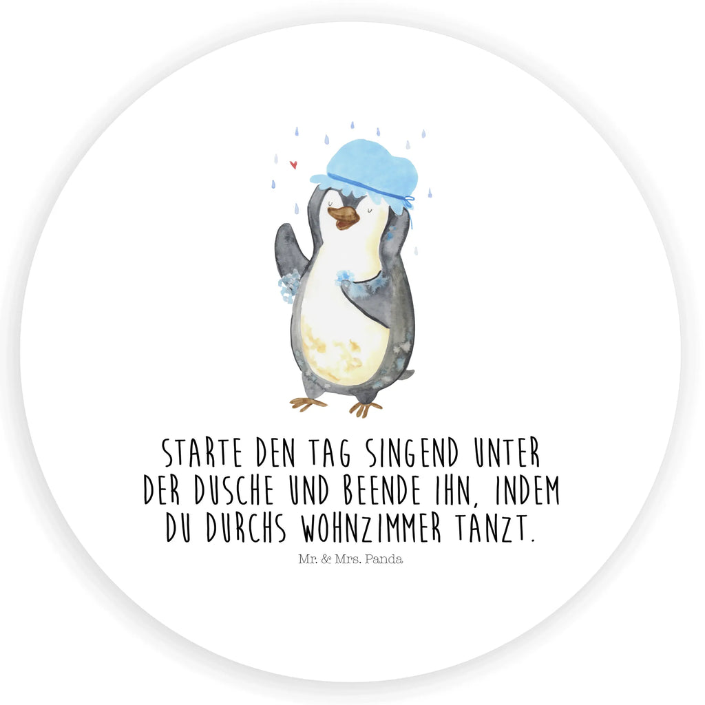 Rund Aufkleber Pinguin duscht Sticker, Aufkleber, Etikett, Pinguin, Pinguine, Dusche, duschen, Lebensmotto, Motivation, Neustart, Neuanfang, glücklich sein