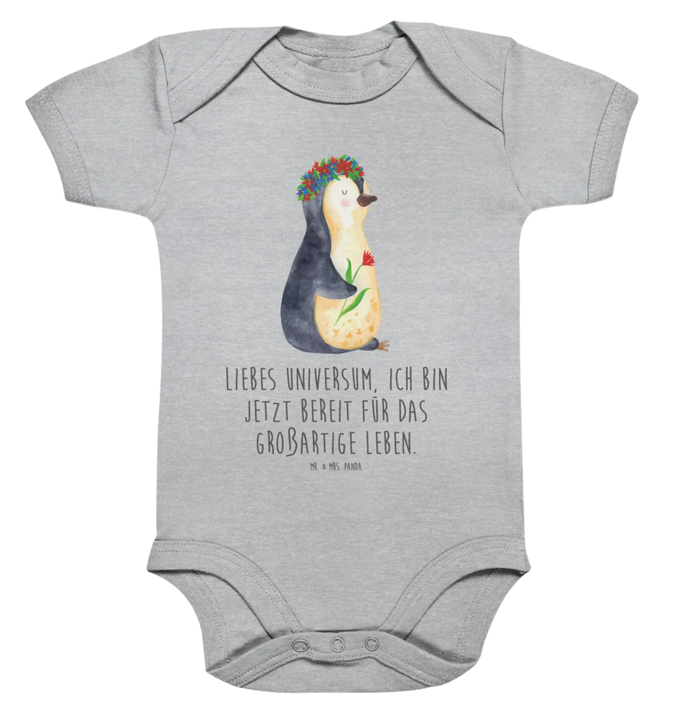 Organic Baby Body Pinguin Blumen Babykleidung, Babystrampler, Strampler, Wickelbody, Baby Erstausstattung, Junge, Mädchen, Pinguin, Pinguine, Blumenkranz, Universum, Leben, Wünsche, Ziele, Lebensziele, Motivation, Lebenslust, Liebeskummer, Geschenkidee