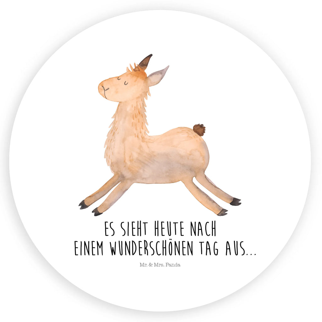 Rund Aufkleber Lama springend Sticker, Aufkleber, Etikett, Lama, Alpaka, Lamas, Lieblingstag, Happy day, fröhlich, Glück, Freundin, Liebeskummer, Neustart, guten Morgen, Start, Prüfung, Abitur