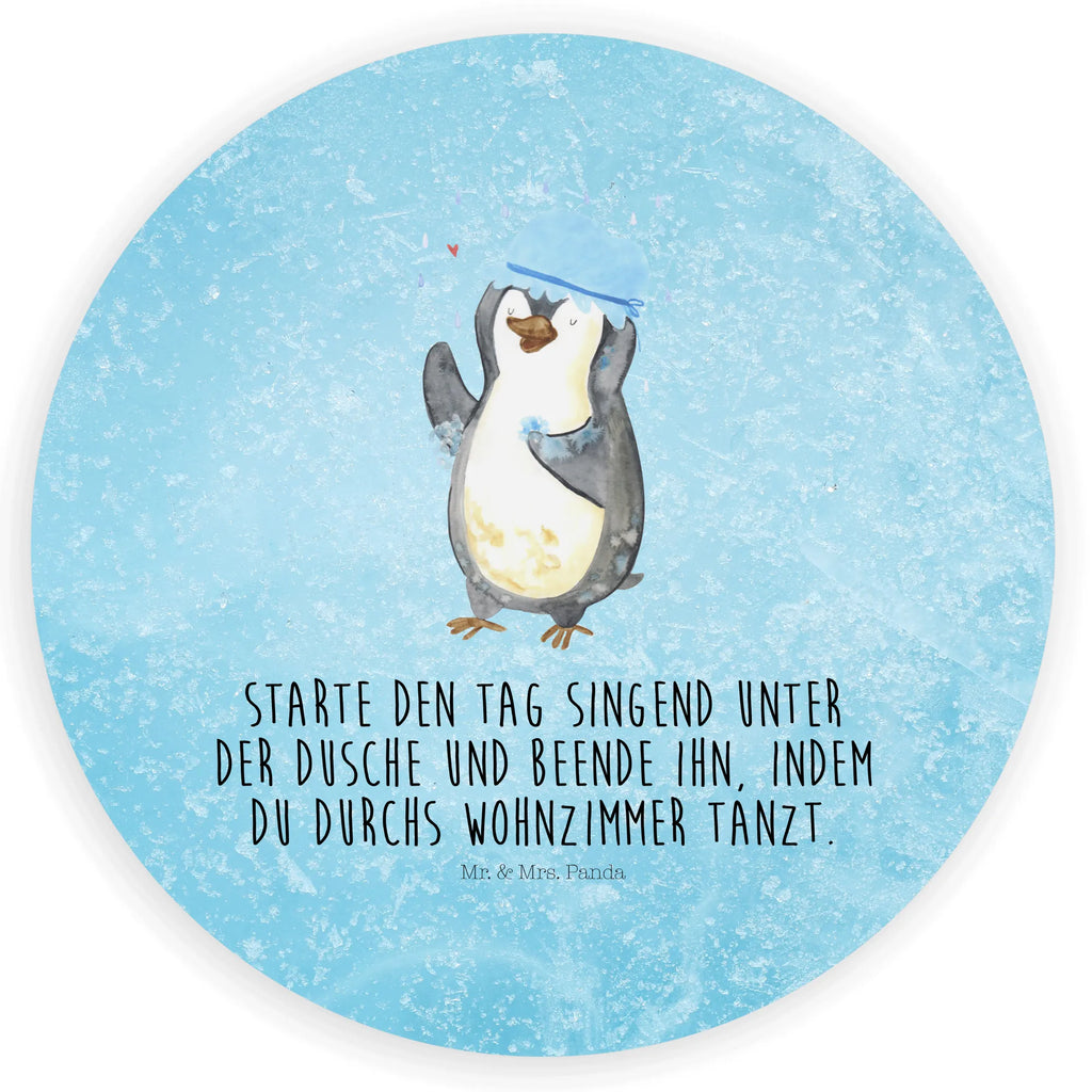 Rund Aufkleber Pinguin duscht Sticker, Aufkleber, Etikett, Pinguin, Pinguine, Dusche, duschen, Lebensmotto, Motivation, Neustart, Neuanfang, glücklich sein