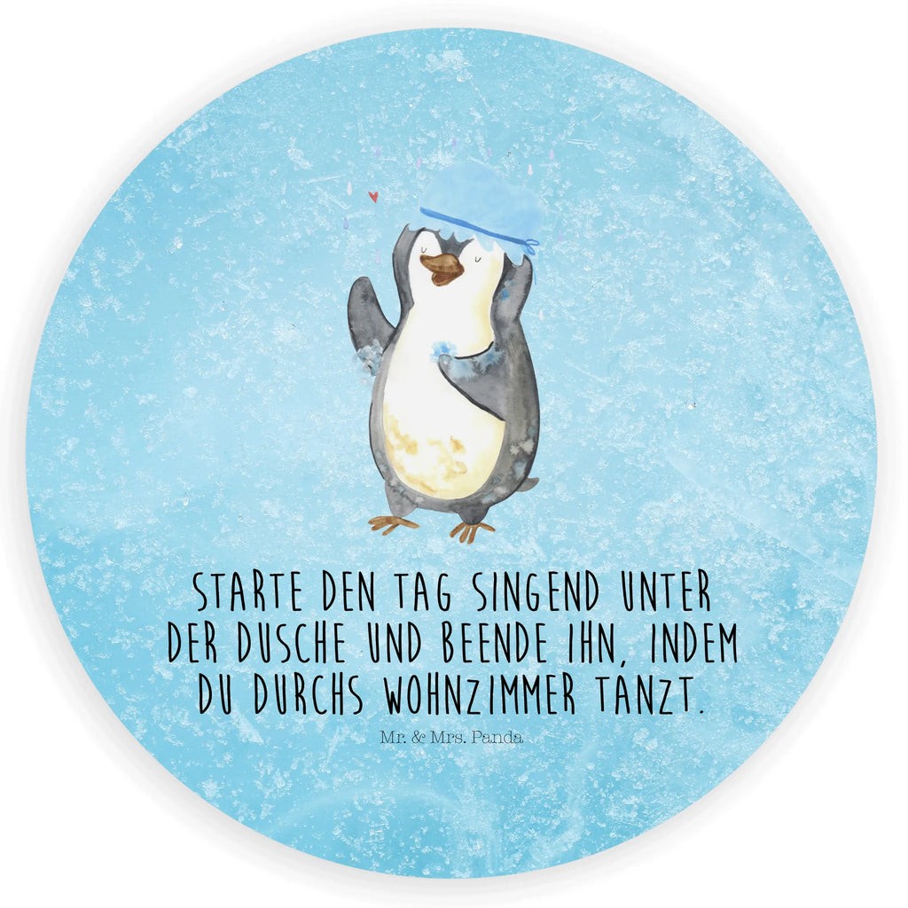 Rund Aufkleber Pinguin duscht Sticker, Aufkleber, Etikett, Pinguin, Pinguine, Dusche, duschen, Lebensmotto, Motivation, Neustart, Neuanfang, glücklich sein