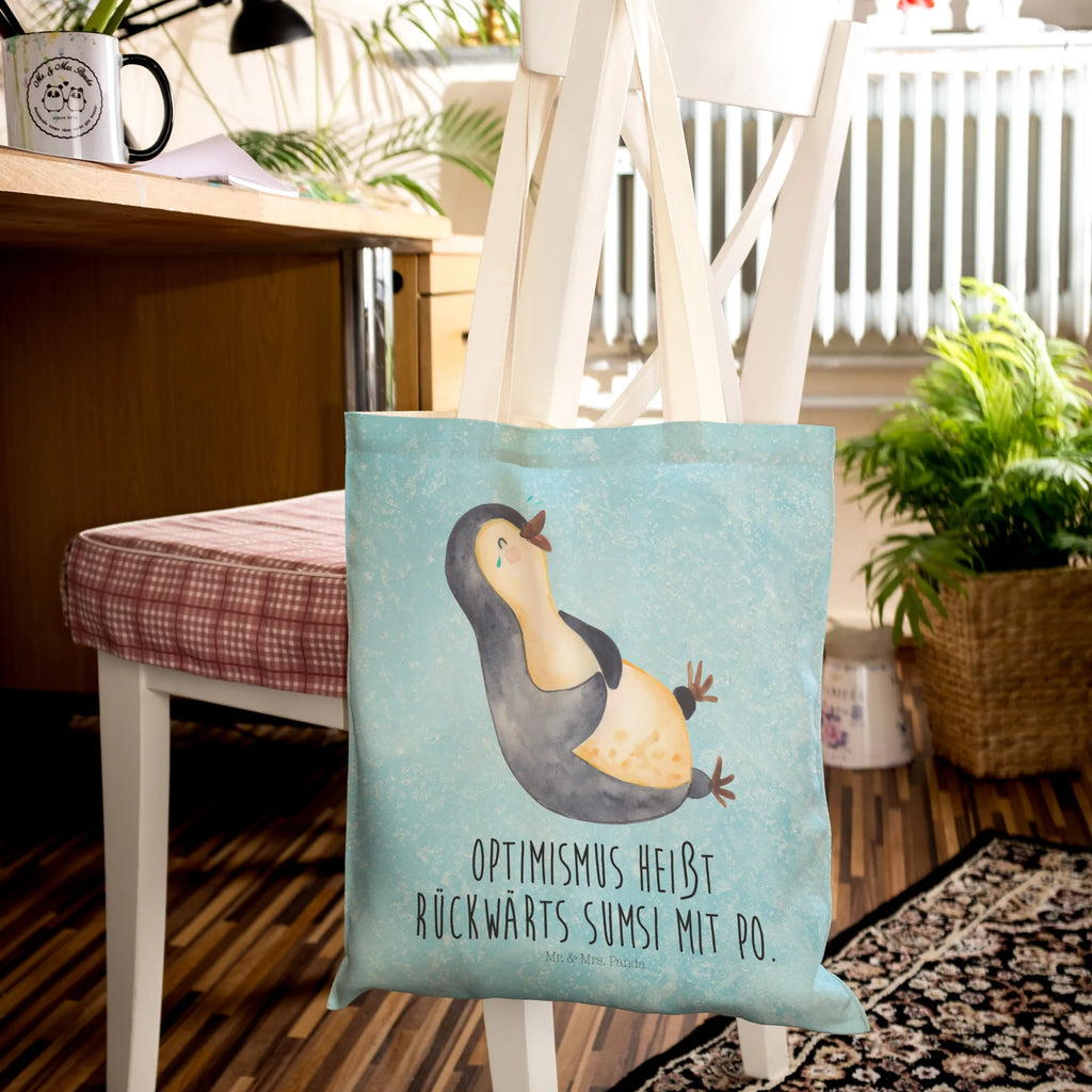 Einkaufstasche Pinguin lachend Tragetasche, Tasche, Beutel, Stofftasche, Baumwolltasche, Umhängetasche, Shopper, Einkaufstasche, Beuteltasche, Pinguin, Pinguine, lustiger Spruch, Optimismus, Fröhlich, Lachen, Humor, Fröhlichkeit