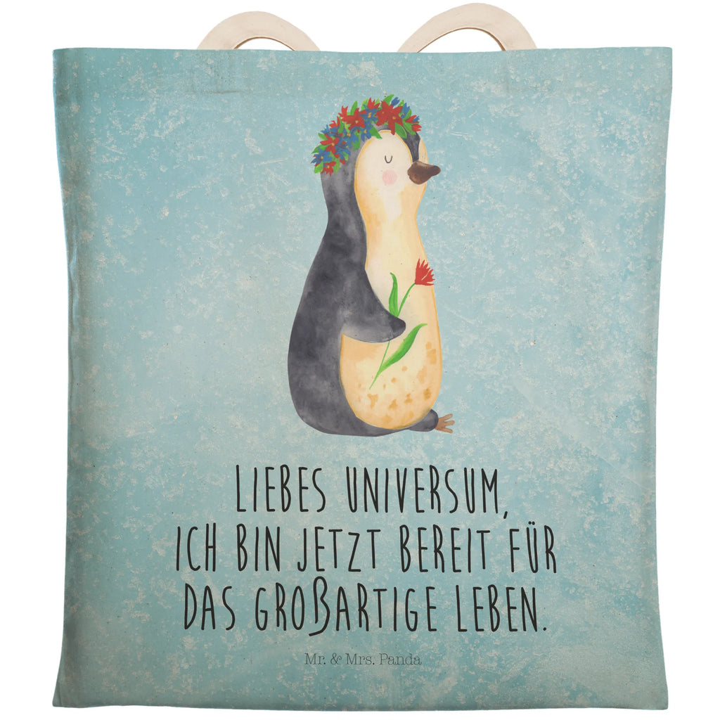 Einkaufstasche Pinguin Blumen Tragetasche, Tasche, Beutel, Stofftasche, Baumwolltasche, Umhängetasche, Shopper, Einkaufstasche, Beuteltasche, Pinguin, Pinguine, Blumenkranz, Universum, Leben, Wünsche, Ziele, Lebensziele, Motivation, Lebenslust, Liebeskummer, Geschenkidee