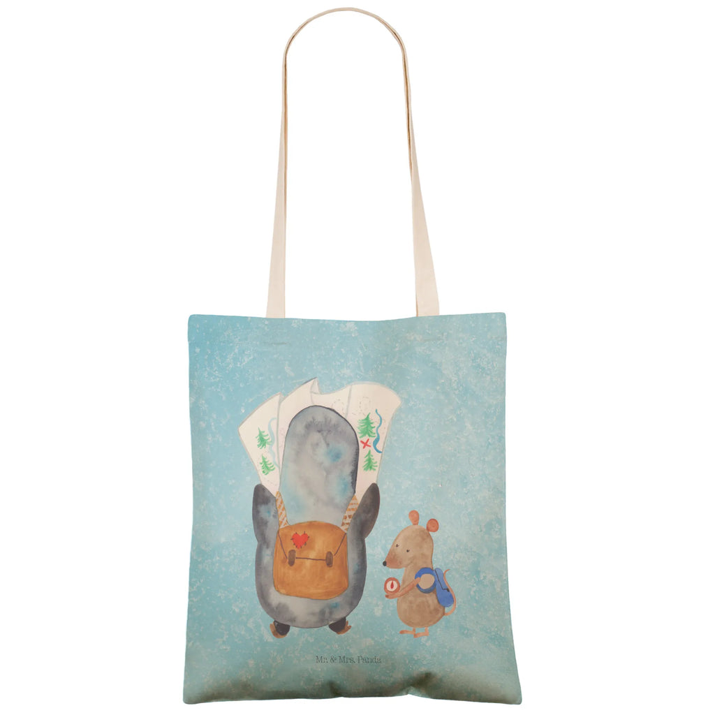 Einkaufstasche Pinguin & Maus Wanderer Tragetasche, Tasche, Beutel, Stofftasche, Baumwolltasche, Umhängetasche, Shopper, Einkaufstasche, Beuteltasche, Pinguin, Pinguine, Abenteurer, Abenteuer, Roadtrip, Ausflug, Wanderlust, wandern