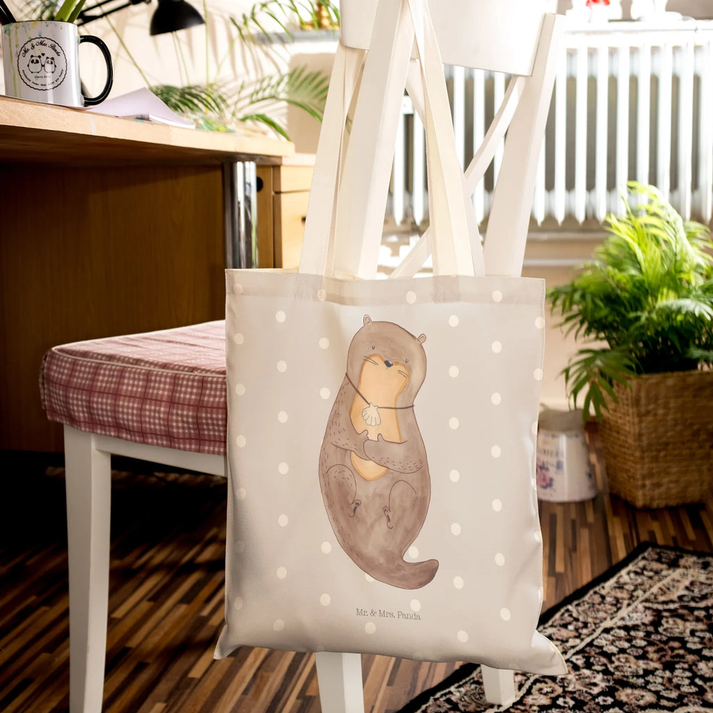 Einkaufstasche Otter mit Muschelmedaillon Tragetasche, Tasche, Beutel, Stofftasche, Baumwolltasche, Umhängetasche, Shopper, Einkaufstasche, Beuteltasche, Otter, Fischotter, Seeotter, Otterliebe, grübeln, träumen, Motivation, Tagträumen, Büro