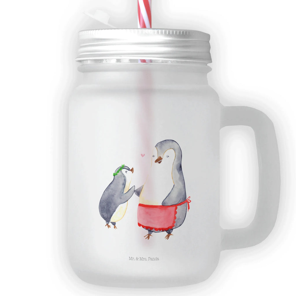 Trinkglas Mason Jar Pinguin mit Kind Mason Jar, Glas, Trinkglas, Henkelglas, Sommerglas, Einmachglas, Cocktailglas, Cocktail-Glas, Mason Jar Trinkglas, Satiniertes Glas, Retro-Glas, Strohhalm Glas, Schraubdeckel Glas, Sommerparty Einrichtung, Familie, Vatertag, Muttertag, Bruder, Schwester, Mama, Papa, Oma, Opa, Geschenk, Mami, Mutti, Mutter, Geburststag