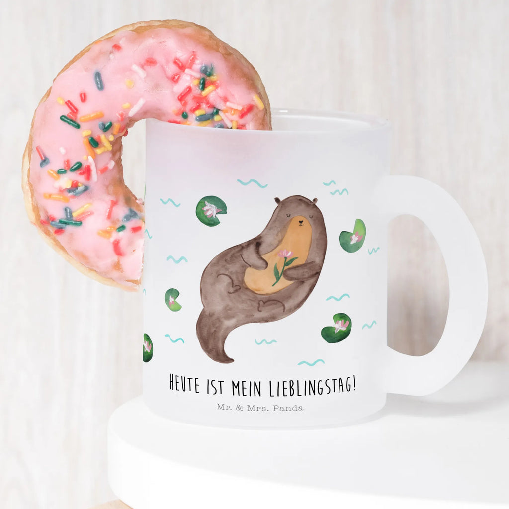 Teetasse Otter mit Seerose Teetasse, Teeglas, Teebecher, Tasse mit Henkel, Tasse, Glas Teetasse, Teetasse aus Glas, Otter, Fischotter, Seeotter, Otter Seeotter See Otter