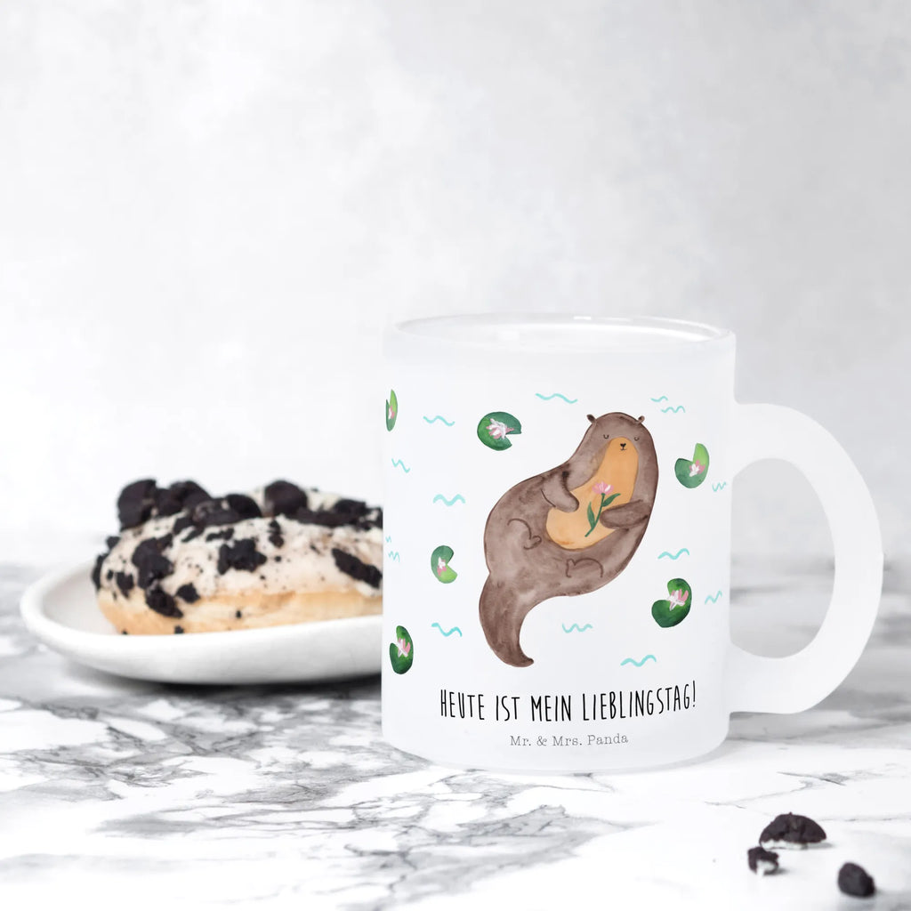 Teetasse Otter mit Seerose Teetasse, Teeglas, Teebecher, Tasse mit Henkel, Tasse, Glas Teetasse, Teetasse aus Glas, Otter, Fischotter, Seeotter, Otter Seeotter See Otter