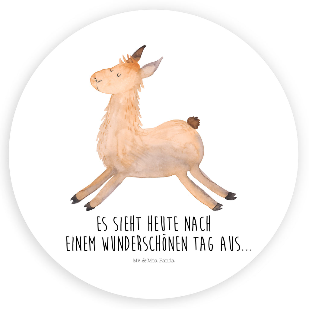 Rund Aufkleber Lama springend Sticker, Aufkleber, Etikett, Lama, Alpaka, Lamas, Lieblingstag, Happy day, fröhlich, Glück, Freundin, Liebeskummer, Neustart, guten Morgen, Start, Prüfung, Abitur