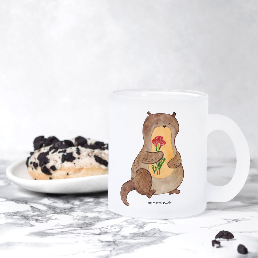 Teetasse Otter Blumenstrauß Teetasse, Teeglas, Teebecher, Tasse mit Henkel, Tasse, Glas Teetasse, Teetasse aus Glas, Otter, Fischotter, Seeotter, Otter Seeotter See Otter