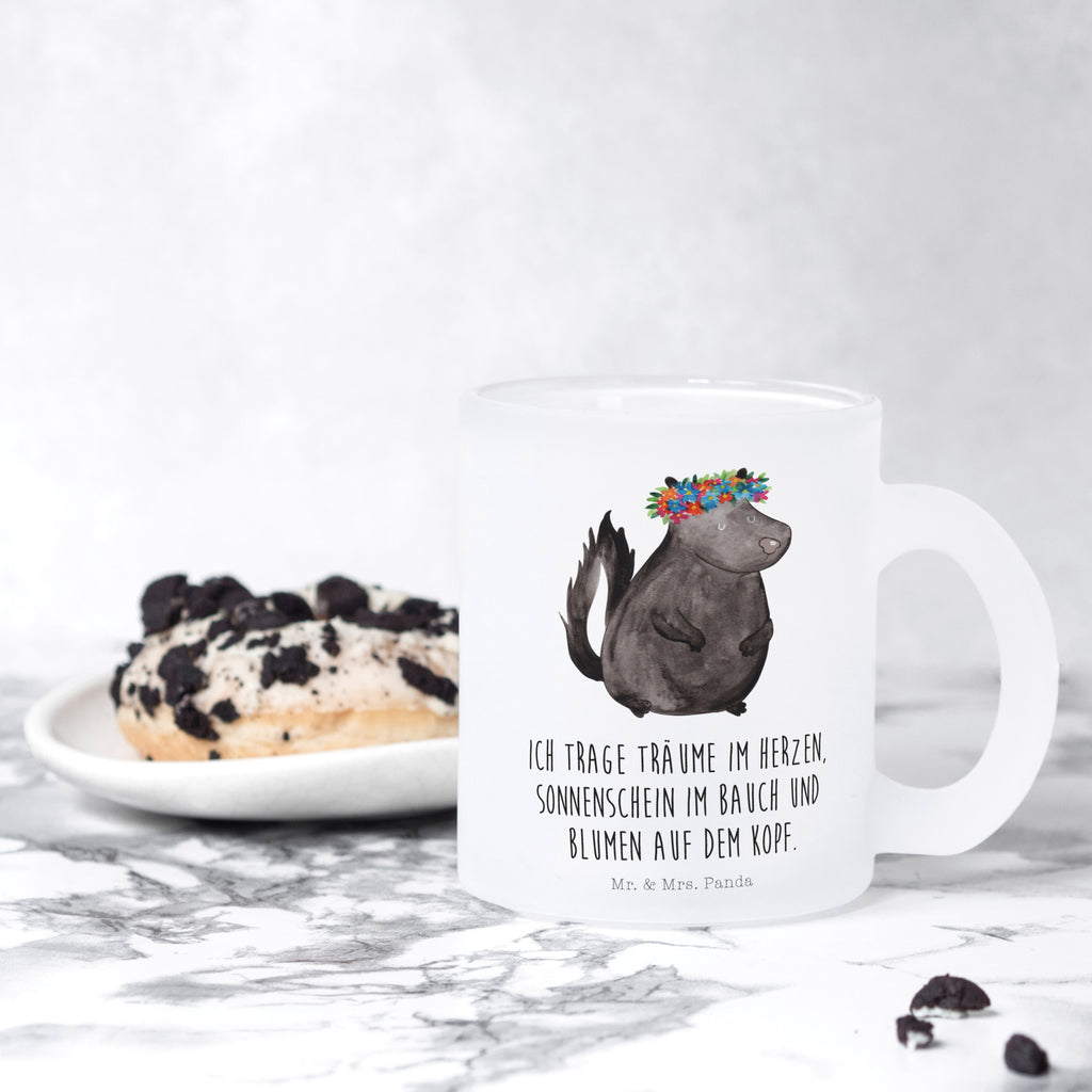 Teetasse Stinktier Blumenmaedchen Teetasse, Teeglas, Teebecher, Tasse mit Henkel, Tasse, Glas Teetasse, Teetasse aus Glas, Stinktier, Skunk, Wildtier, Raubtier, Stinker, Stinki, Yoga, Namaste, Lebe, Liebe, Lache