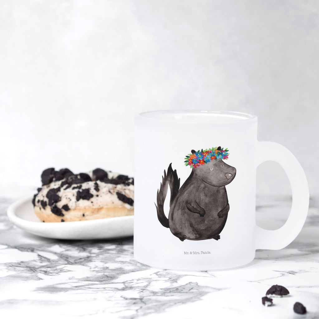 Teetasse Stinktier Blumenmaedchen Teetasse, Teeglas, Teebecher, Tasse mit Henkel, Tasse, Glas Teetasse, Teetasse aus Glas, Stinktier, Skunk, Wildtier, Raubtier, Stinker, Stinki, Yoga, Namaste, Lebe, Liebe, Lache