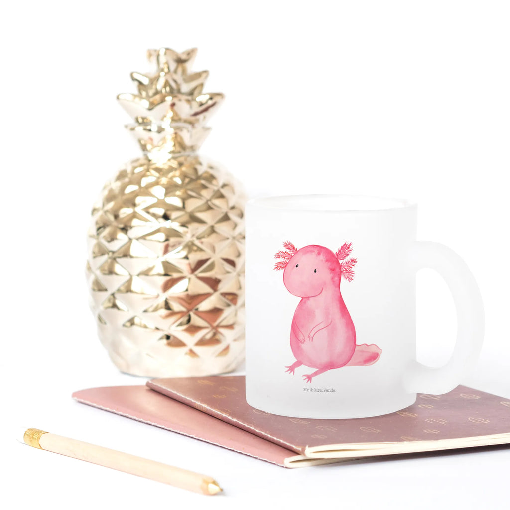 Teetasse Axolotl Teetasse, Teeglas, Teebecher, Tasse mit Henkel, Tasse, Glas Teetasse, Teetasse aus Glas, Axolotl, Molch, Axolot, vergnügt, fröhlich, zufrieden, Lebensstil, Weisheit, Lebensweisheit, Liebe, Freundin