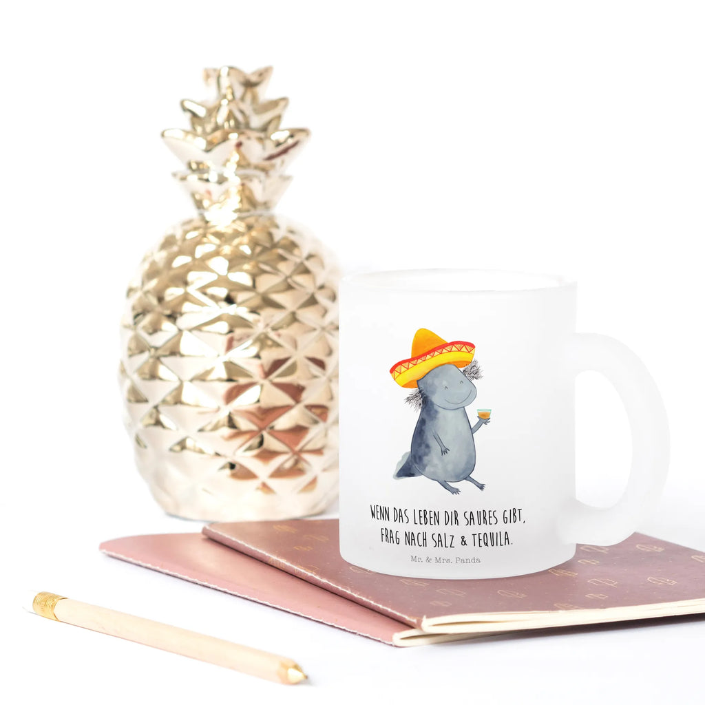 Teetasse Axolotl Tequila Teetasse, Teeglas, Teebecher, Tasse mit Henkel, Tasse, Glas Teetasse, Teetasse aus Glas, Axolotl, Molch, Mexico, Mexiko, Sombrero, Zitrone, Tequila, Motivation, Spruch, Schwanzlurch, Lurch, Lurche, Axolot, Feuerdrache, Feuersalamander