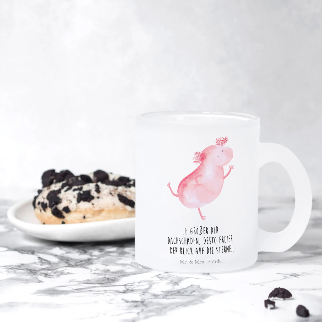 Teetasse Axolotl tanzt Teetasse, Teeglas, Teebecher, Tasse mit Henkel, Tasse, Glas Teetasse, Teetasse aus Glas, Axolotl, Molch, Axolot, Schwanzlurch, Lurch, Lurche, Dachschaden, Sterne, verrückt, Freundin, beste Freundin