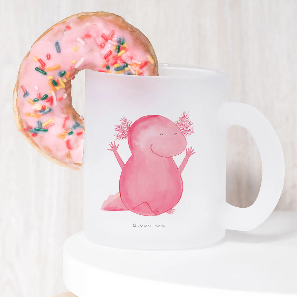 Teetasse Axolotl Hurra Teetasse, Teeglas, Teebecher, Tasse mit Henkel, Tasse, Glas Teetasse, Teetasse aus Glas, Axolotl, Molch, Axolot, Schwanzlurch, Lurch, Lurche, fröhlich, Spaß, Freude, Motivation, Zufriedenheit