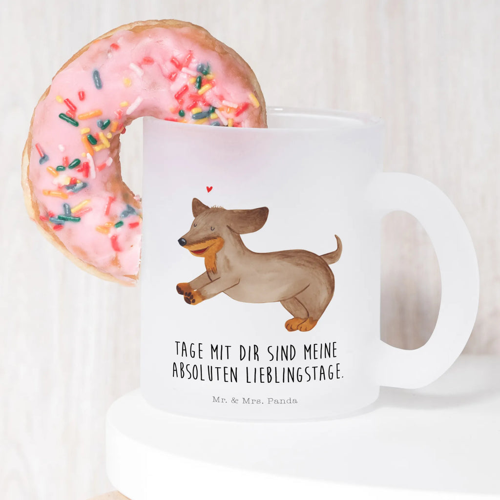 Teetasse Hund Dackel fröhlich Teetasse, Teeglas, Teebecher, Tasse mit Henkel, Tasse, Glas Teetasse, Teetasse aus Glas, Hund, Hundemotiv, Haustier, Hunderasse, Tierliebhaber, Hundebesitzer, Sprüche, Hunde, Dackel, Dachshund, happy dog