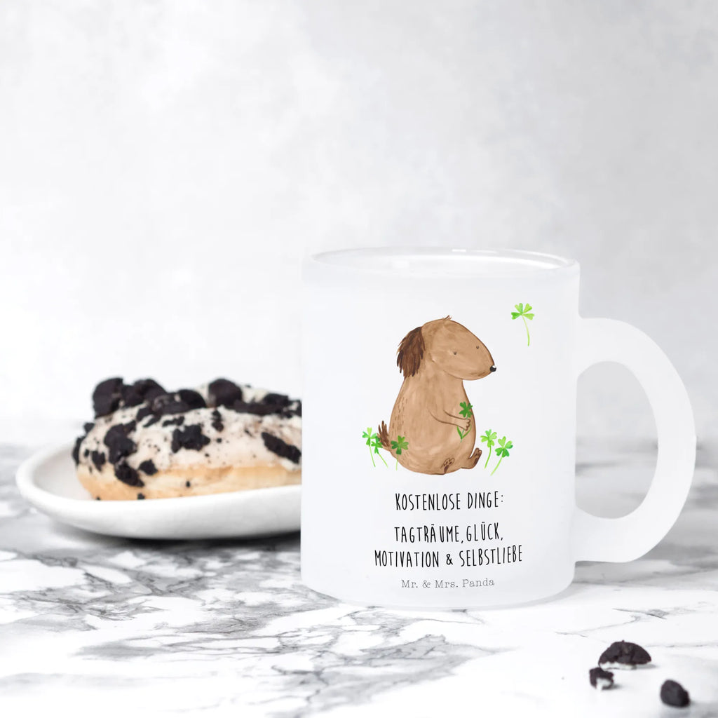 Teetasse Hund Kleeblatt Teetasse, Teeglas, Teebecher, Tasse mit Henkel, Tasse, Glas Teetasse, Teetasse aus Glas, Hund, Hundemotiv, Haustier, Hunderasse, Tierliebhaber, Hundebesitzer, Sprüche, Kleeblatt, Glück, Tagträume, Motivation, Neuanfang, Geschenk, Glücksbringer, Selbstliebe, Achtsamkeit