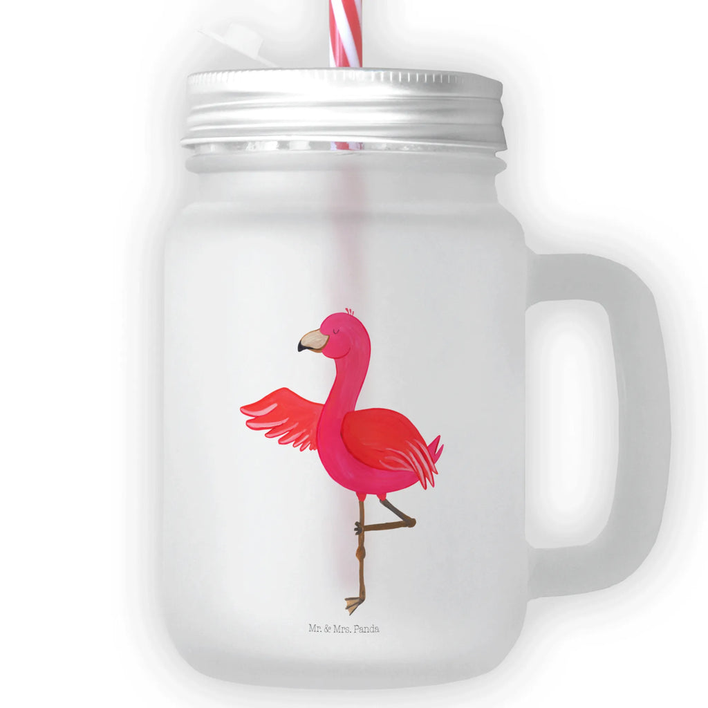 Trinkglas Mason Jar Flamingo Yoga Mason Jar, Glas, Trinkglas, Henkelglas, Sommerglas, Einmachglas, Cocktailglas, Cocktail-Glas, Mason Jar Trinkglas, Satiniertes Glas, Retro-Glas, Strohhalm Glas, Schraubdeckel Glas, Sommerparty Einrichtung, Flamingo, Vogel, Yoga, Namaste, Achtsamkeit, Yoga-Übung, Entspannung, Ärger, Aufregen, Tiefenentspannung