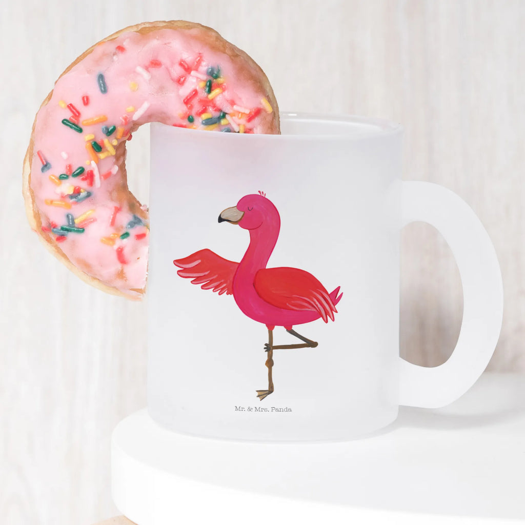 Teetasse Flamingo Yoga Teetasse, Teeglas, Teebecher, Tasse mit Henkel, Tasse, Glas Teetasse, Teetasse aus Glas, Flamingo, Vogel, Yoga, Namaste, Achtsamkeit, Yoga-Übung, Entspannung, Ärger, Aufregen, Tiefenentspannung