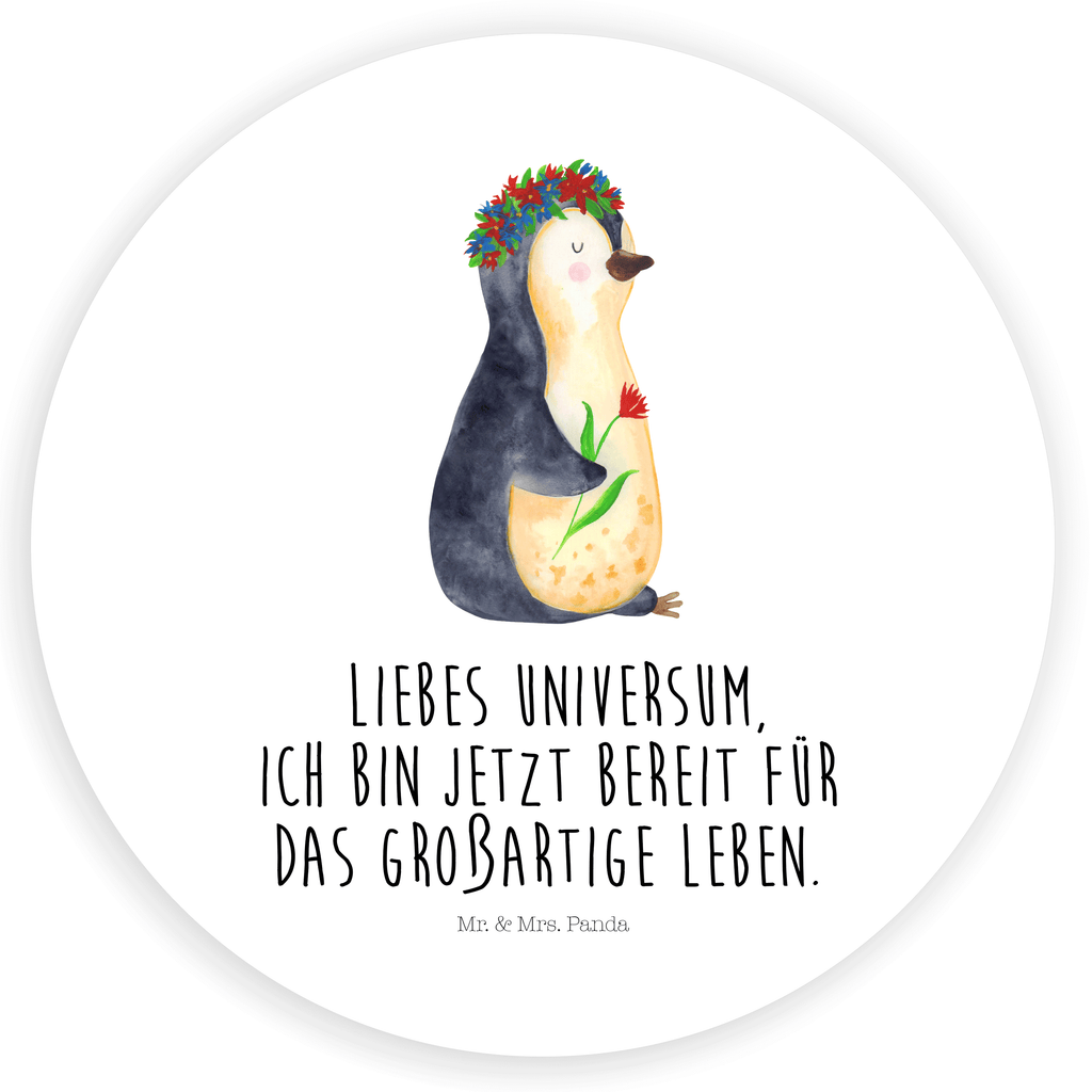 Rund Aufkleber Pinguin Blumenkranz Sticker, Aufkleber, Etikett, Pinguin, Pinguine, Blumenkranz, Universum, Leben, Wünsche, Ziele, Lebensziele, Motivation, Lebenslust, Liebeskummer, Geschenkidee