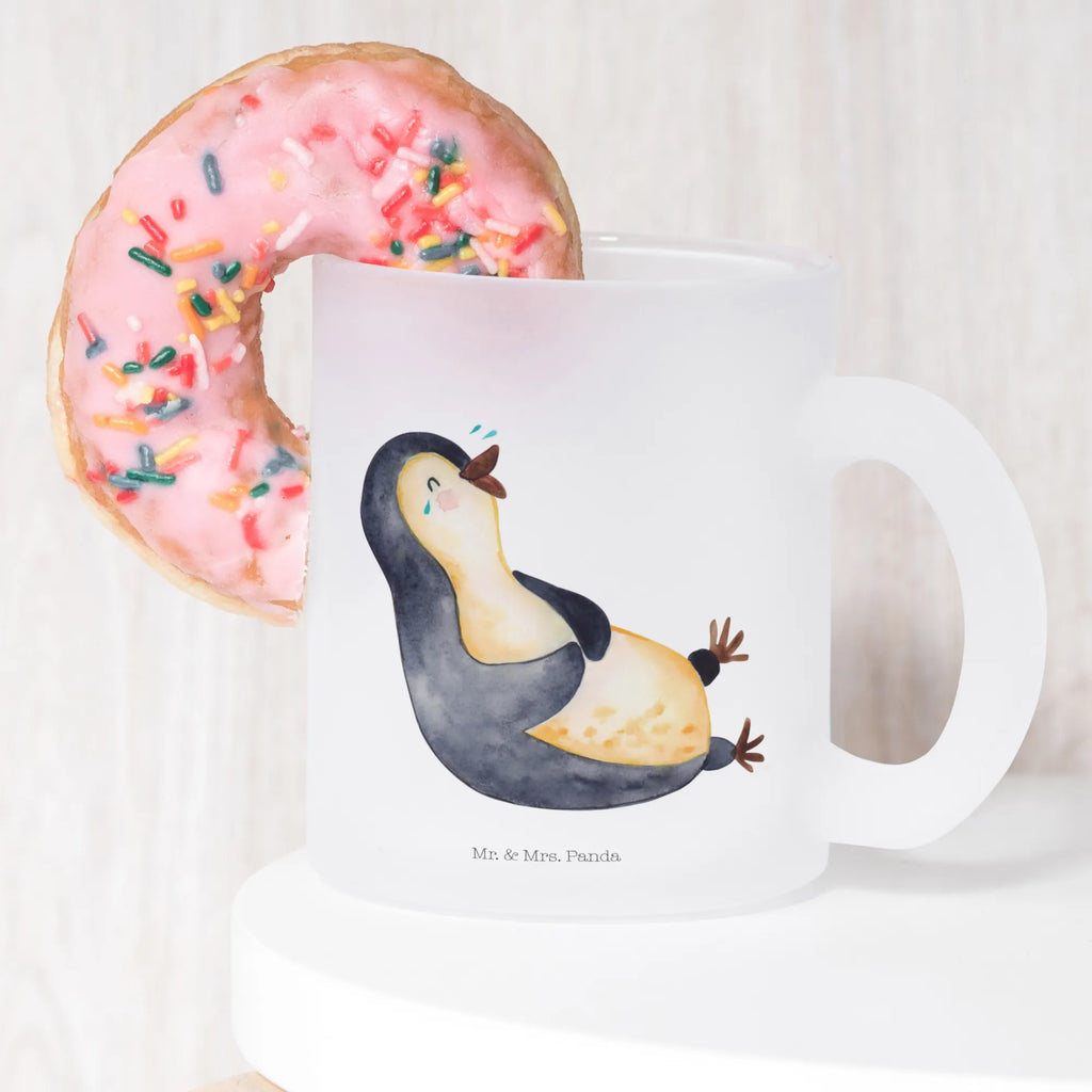 Teetasse Pinguin lachend Teetasse, Teeglas, Teebecher, Tasse mit Henkel, Tasse, Glas Teetasse, Teetasse aus Glas, Pinguin, Pinguine, lustiger Spruch, Optimismus, Fröhlich, Lachen, Humor, Fröhlichkeit