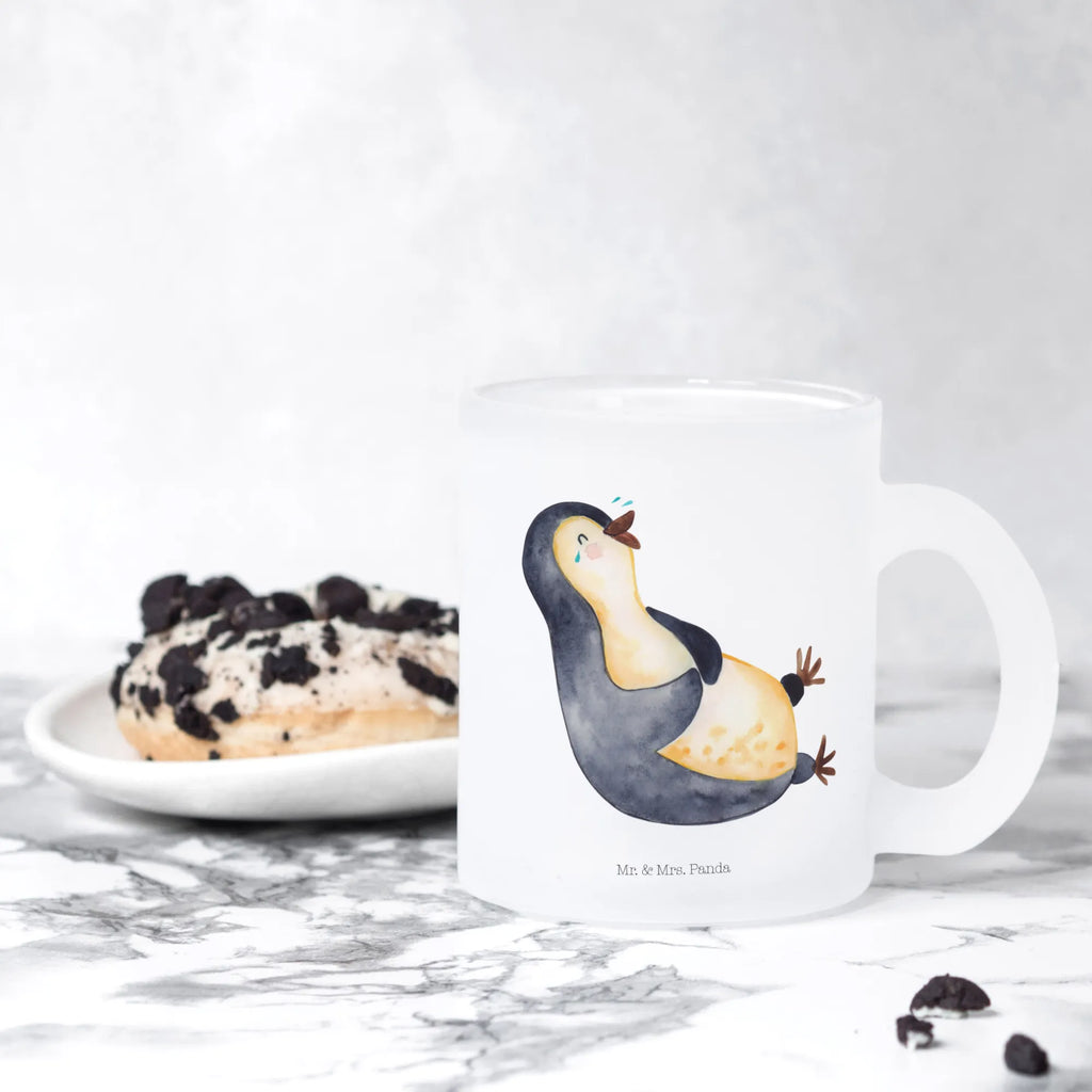 Teetasse Pinguin lachend Teetasse, Teeglas, Teebecher, Tasse mit Henkel, Tasse, Glas Teetasse, Teetasse aus Glas, Pinguin, Pinguine, lustiger Spruch, Optimismus, Fröhlich, Lachen, Humor, Fröhlichkeit