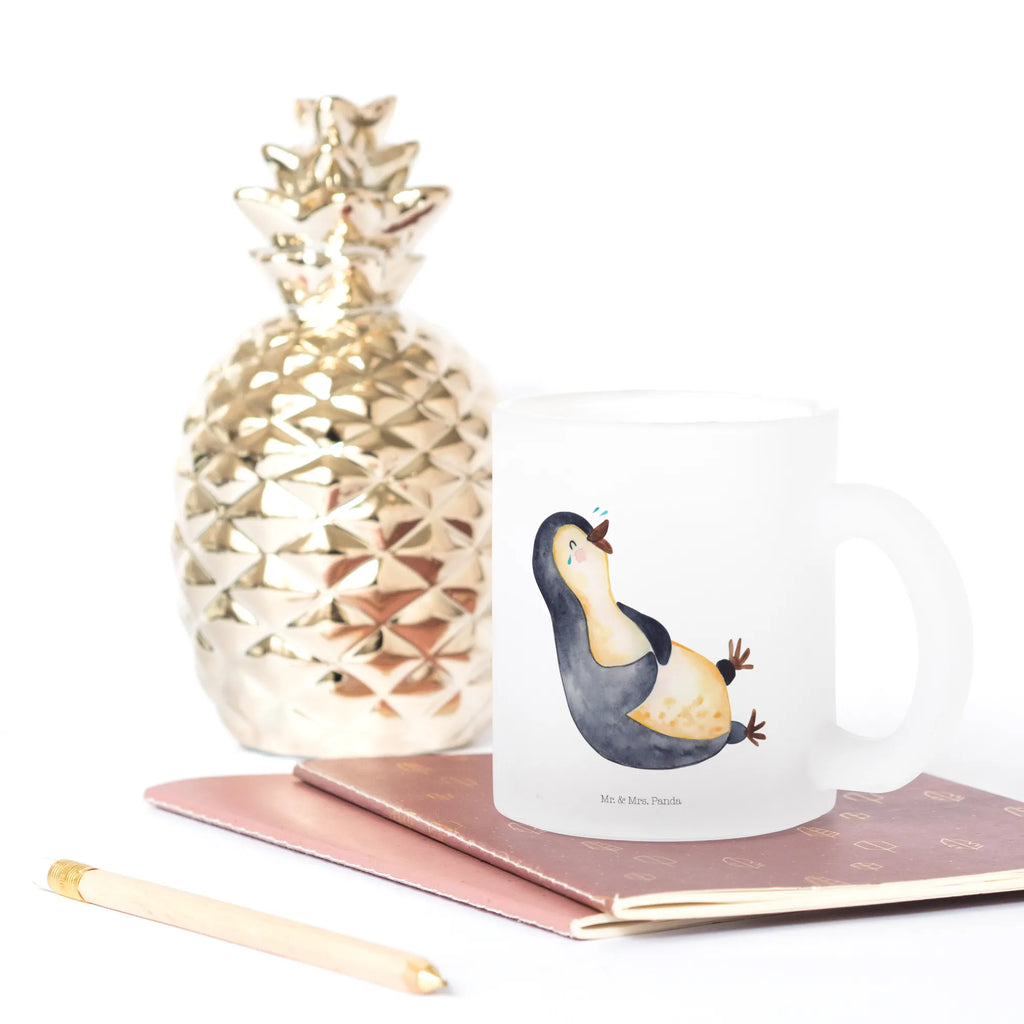 Teetasse Pinguin lachend Teetasse, Teeglas, Teebecher, Tasse mit Henkel, Tasse, Glas Teetasse, Teetasse aus Glas, Pinguin, Pinguine, lustiger Spruch, Optimismus, Fröhlich, Lachen, Humor, Fröhlichkeit